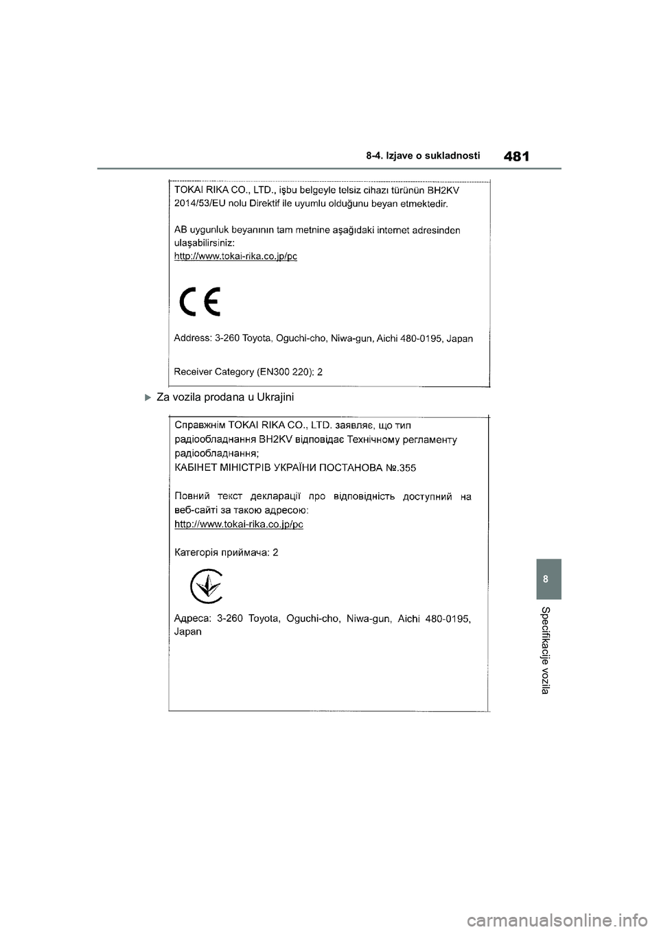 TOYOTA YARIS HATCHBACK 2020  Upute Za Rukovanje (in Croatian) 481
8
YARIS(HB) Owners Manual_Europe_MK0001_hr
8-4. Izjave o sukladnosti
Specifikacije vozila
Za vozila prodana u Ukrajini
YARIS(HB)_OM_Europe_OMK0001CR.book  Page 481  Friday, October 9, 2020  7:38