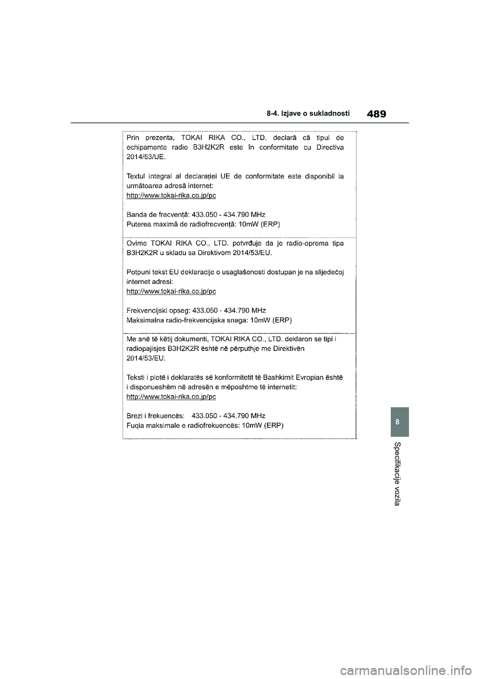 TOYOTA YARIS HATCHBACK 2020  Upute Za Rukovanje (in Croatian) 489
8
YARIS(HB) Owners Manual_Europe_MK0001_hr
8-4. Izjave o sukladnosti
Specifikacije vozila
YARIS(HB)_OM_Europe_OMK0001CR.book  Page 489  Friday, October 9, 2020  7:38 PM 