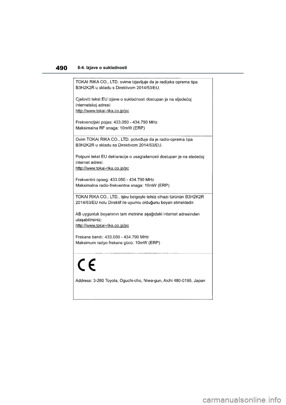 TOYOTA YARIS HATCHBACK 2020  Upute Za Rukovanje (in Croatian) 490
YARIS(HB) Owners Manual_Europe_MK0001_hr
8-4. Izjave o sukladnosti
YARIS(HB)_OM_Europe_OMK0001CR.book  Page 490  Friday, October 9, 2020  7:38 PM 
