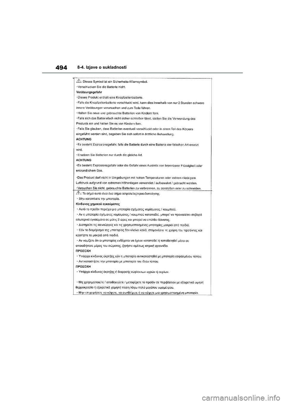 TOYOTA YARIS HATCHBACK 2020  Upute Za Rukovanje (in Croatian) 494
YARIS(HB) Owners Manual_Europe_MK0001_hr
8-4. Izjave o sukladnosti
YARIS(HB)_OM_Europe_OMK0001CR.book  Page 494  Friday, October 9, 2020  7:38 PM 