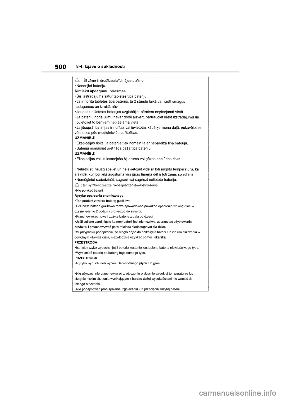 TOYOTA YARIS HATCHBACK 2020  Upute Za Rukovanje (in Croatian) 500
YARIS(HB) Owners Manual_Europe_MK0001_hr
8-4. Izjave o sukladnosti
YARIS(HB)_OM_Europe_OMK0001CR.book  Page 500  Friday, October 9, 2020  7:38 PM 