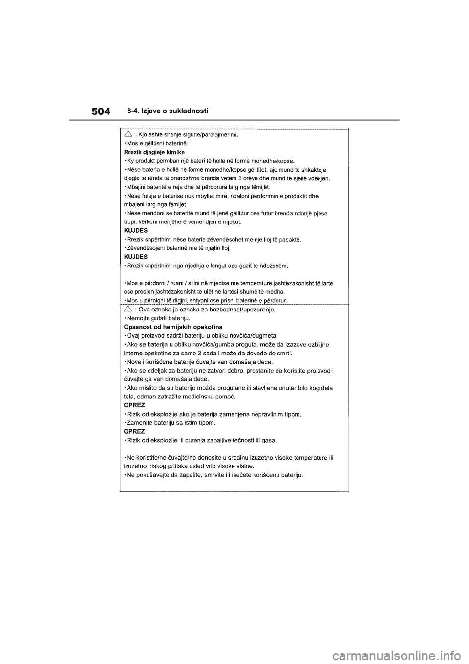 TOYOTA YARIS HATCHBACK 2020  Upute Za Rukovanje (in Croatian) 504
YARIS(HB) Owners Manual_Europe_MK0001_hr
8-4. Izjave o sukladnosti
YARIS(HB)_OM_Europe_OMK0001CR.book  Page 504  Friday, October 9, 2020  7:38 PM 