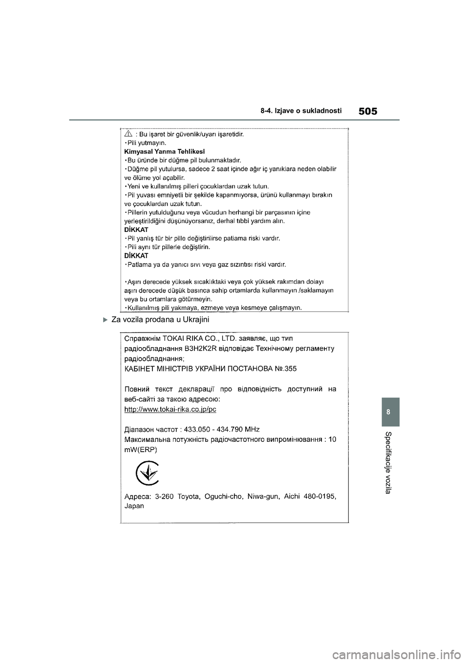 TOYOTA YARIS HATCHBACK 2020  Upute Za Rukovanje (in Croatian) 505
8
YARIS(HB) Owners Manual_Europe_MK0001_hr
8-4. Izjave o sukladnosti
Specifikacije vozila
Za vozila prodana u Ukrajini
YARIS(HB)_OM_Europe_OMK0001CR.book  Page 505  Friday, October 9, 2020  7:38