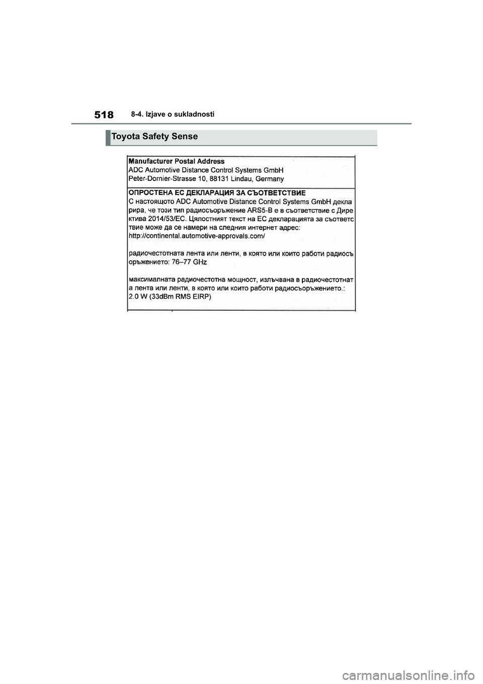 TOYOTA YARIS HATCHBACK 2020  Upute Za Rukovanje (in Croatian) 518
YARIS(HB) Owners Manual_Europe_MK0001_hr
8-4. Izjave o sukladnosti
Toyota Safety Sense
YARIS(HB)_OM_Europe_OMK0001CR.book  Page 518  Friday, October 9, 2020  7:38 PM 