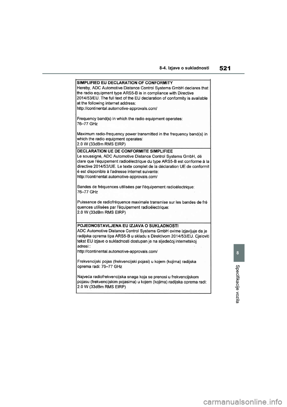 TOYOTA YARIS HATCHBACK 2020  Upute Za Rukovanje (in Croatian) 521
8
YARIS(HB) Owners Manual_Europe_MK0001_hr
8-4. Izjave o sukladnosti
Specifikacije vozila
YARIS(HB)_OM_Europe_OMK0001CR.book  Page 521  Friday, October 9, 2020  7:38 PM 