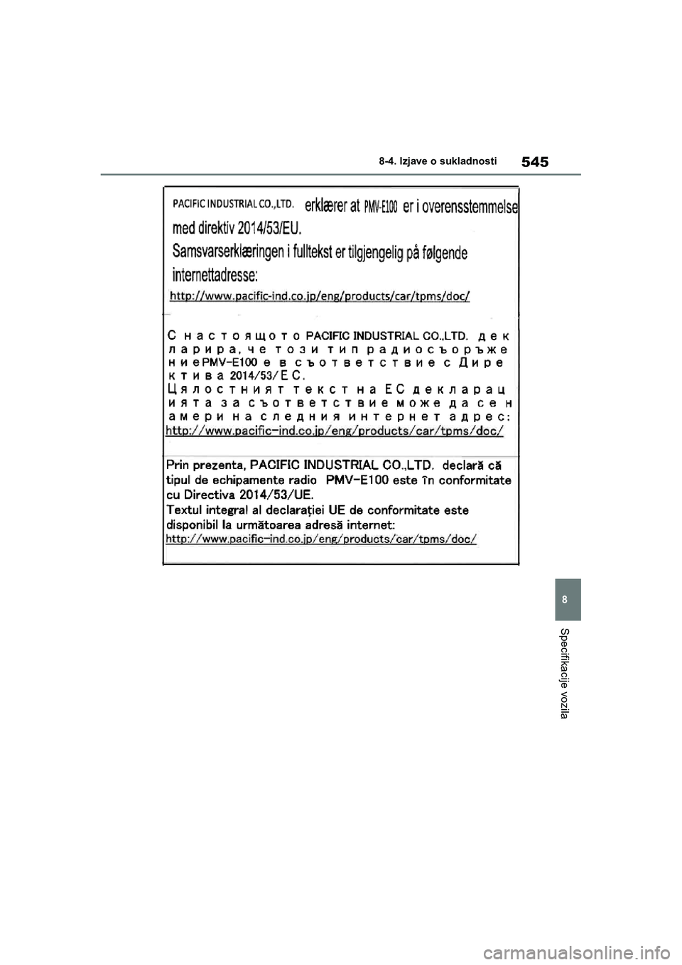 TOYOTA YARIS HATCHBACK 2020  Upute Za Rukovanje (in Croatian) 545
8
YARIS(HB) Owners Manual_Europe_MK0001_hr
8-4. Izjave o sukladnosti
Specifikacije vozila
YARIS(HB)_OM_Europe_OMK0001CR.book  Page 545  Friday, October 9, 2020  7:38 PM 