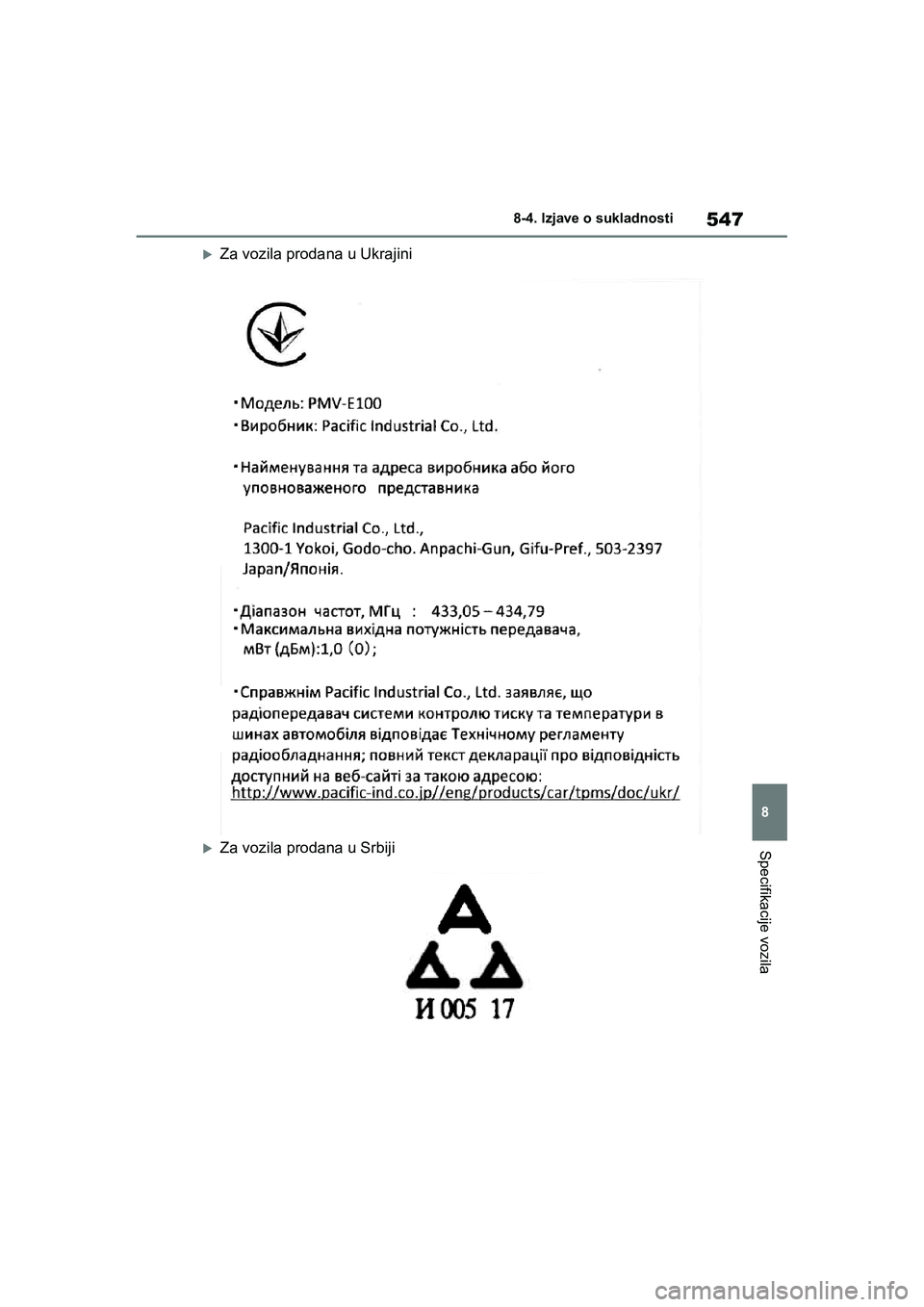 TOYOTA YARIS HATCHBACK 2020  Upute Za Rukovanje (in Croatian) 547
8
YARIS(HB) Owners Manual_Europe_MK0001_hr
8-4. Izjave o sukladnosti
Specifikacije vozila
Za vozila prodana u Ukrajini
Za vozila prodana u Srbiji
YARIS(HB)_OM_Europe_OMK0001CR.book  Page 547  F
