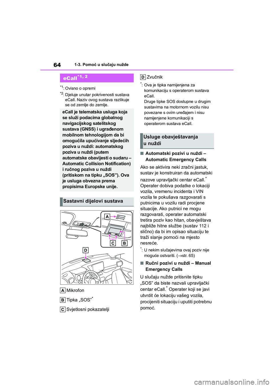 TOYOTA YARIS HATCHBACK 2020 Upute Za Rukovanje (in Croatian) 64
YARIS(HB) Owners Manual_Europe_MK0001_hr
1-3. Pomoć u slučaju nužde
1-3.Pomoć u slučaju nužde
*1: Ovisno o opremi
*2: Djeluje unutar pokrivenosti sustava
eCall. Naziv ovog sustava razlikuje TOYOTA YARIS HATCHBACK 2020 Upute Za Rukovanje (in Croatian) 64
YARIS(HB) Owners Manual_Europe_MK0001_hr
1-3. Pomoć u slučaju nužde
1-3.Pomoć u slučaju nužde
*1: Ovisno o opremi
*2: Djeluje unutar pokrivenosti sustava
eCall. Naziv ovog sustava razlikuje