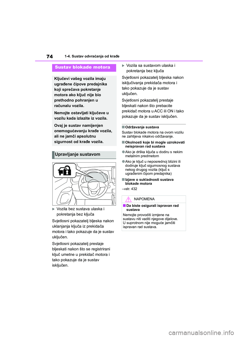 TOYOTA YARIS HATCHBACK 2020  Upute Za Rukovanje (in Croatian) 74
YARIS(HB) Owners Manual_Europe_MK0001_hr
1-4. Sustav odvraćanja od krađe
1-4.Sustav odvraćanja od krađe
Vozila bez sustava ulaska i 
pokretanja bez ključa
Svjetlosni pokazatelj bljeska nakon