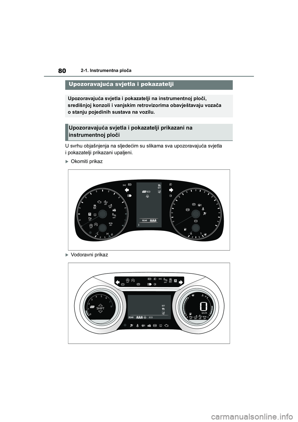 TOYOTA YARIS HATCHBACK 2020  Upute Za Rukovanje (in Croatian) 80
YARIS(HB) Owners Manual_Europe_MK0001_hr
2-1. Instrumentna ploča
2-1.Instrumentna ploča
U svrhu objašnjenja na sljedećim su slikama sva upozoravajuća svjetla 
i pokazatelji prikazani upaljeni