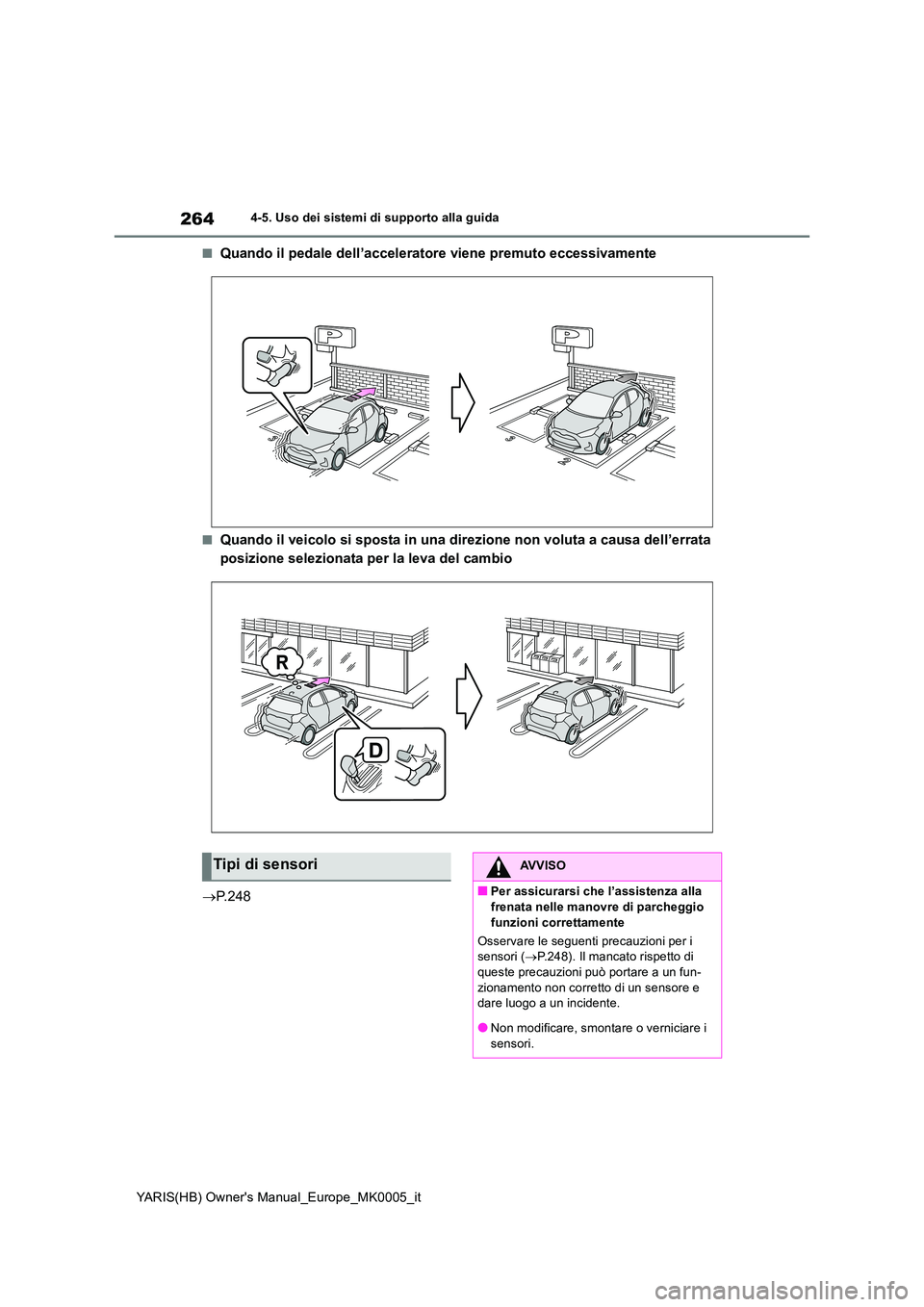 TOYOTA YARIS HATCHBACK 2020  Manuale duso (in Italian) 264
YARIS(HB) Owners Manual_Europe_MK0005_it
4-5. Uso dei sistemi di supporto alla guida
■Quando il pedale dell’acceleratore viene premuto eccessivamente
■Quando il veicolo si sposta in una dir