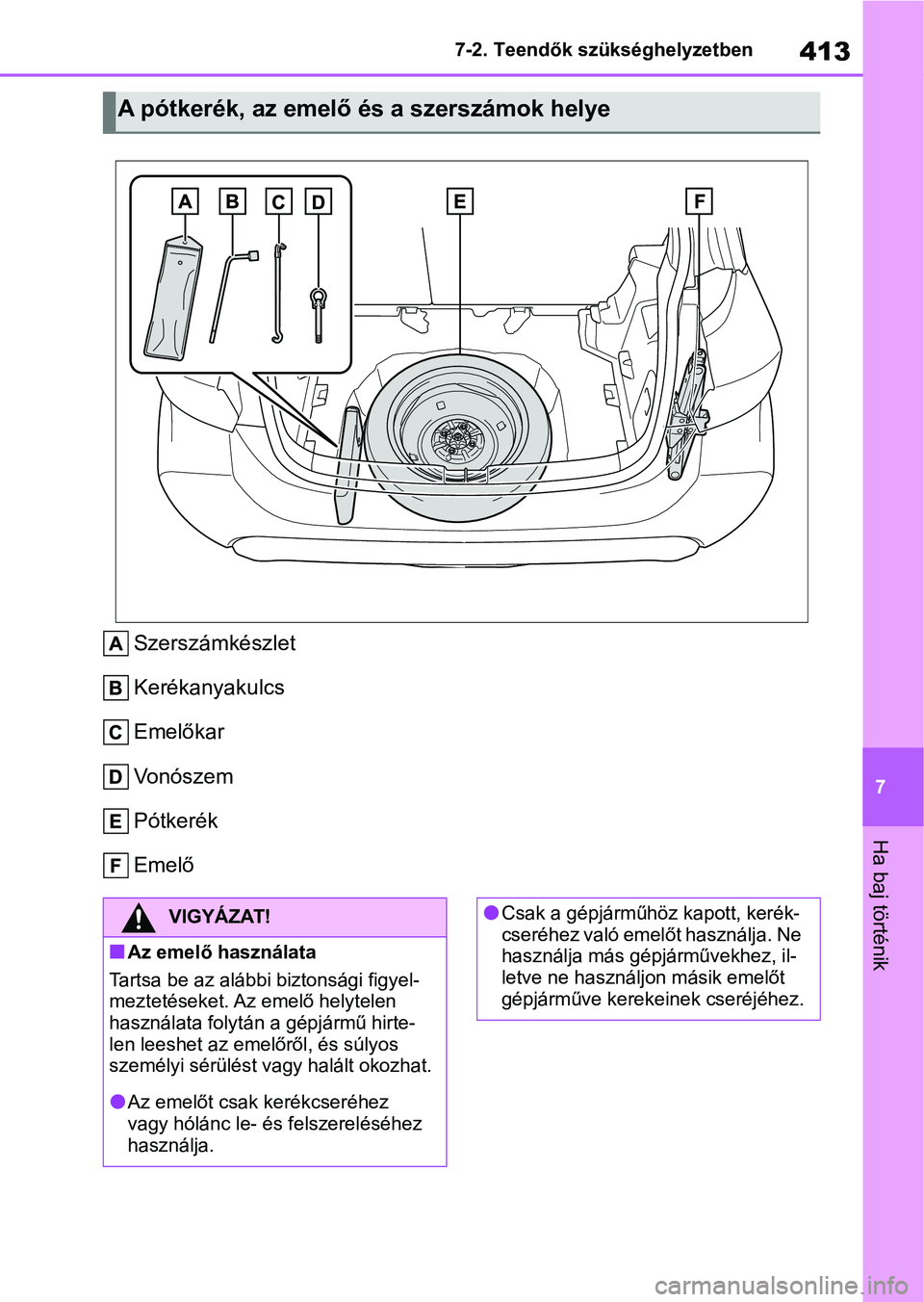 TOYOTA YARIS HATCHBACK 2020 Kezelési útmutató (in Hungarian) 413
7
7-2. Teendők szükséghelyzetben
Ha baj történik
Szerszámkészlet
Kerékanyakulcs
Emelőkar
Vonószem
Pótkerék
Emelő
A pótkerék, az emelő és a szerszámok helye
VIGYÁZAT!
nAz emelő TOYOTA YARIS HATCHBACK 2020 Kezelési útmutató (in Hungarian) 413
7
7-2. Teendők szükséghelyzetben
Ha baj történik
Szerszámkészlet
Kerékanyakulcs
Emelőkar
Vonószem
Pótkerék
Emelő
A pótkerék, az emelő és a szerszámok helye
VIGYÁZAT!
nAz emelő