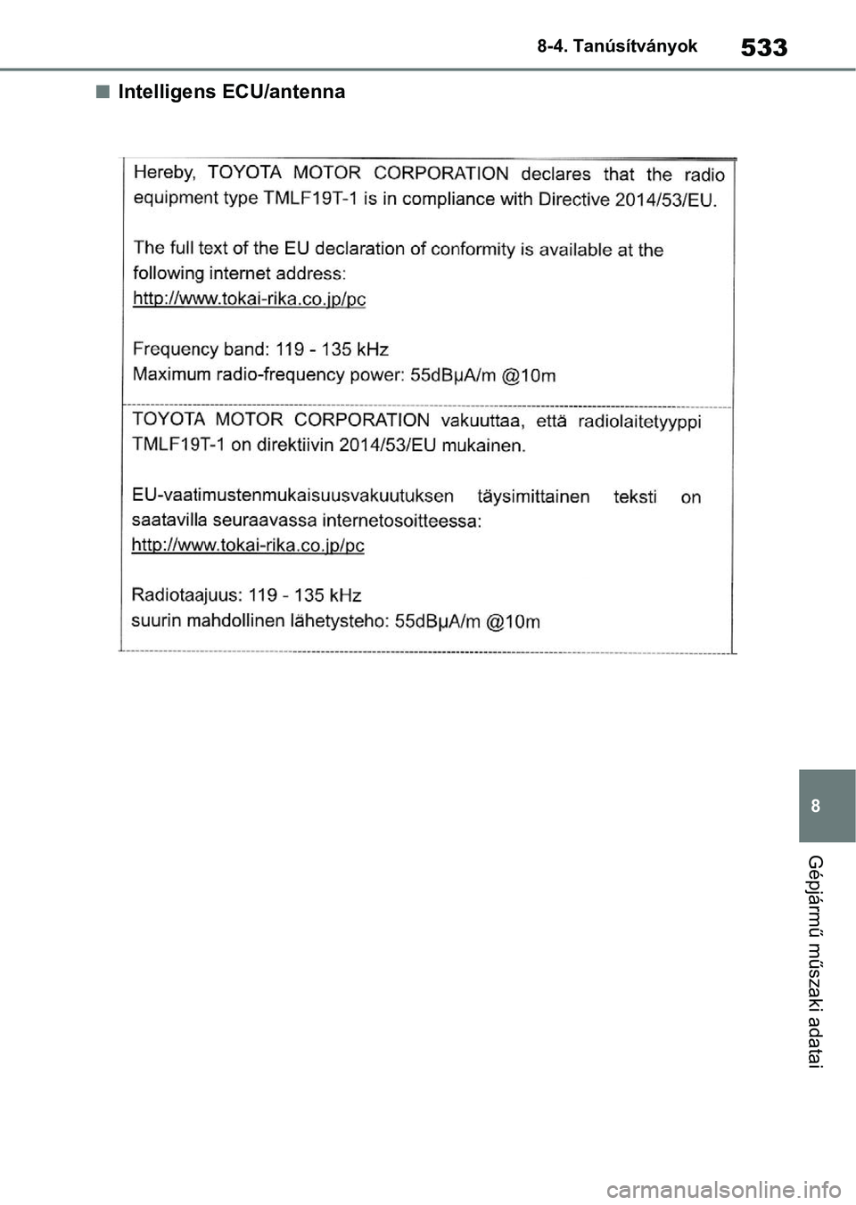 TOYOTA YARIS HATCHBACK 2020 Kezelési útmutató (in Hungarian) 533
8
8-4. Tanúsítványok
Gépjármű műszaki adatai
nIntelligens ECU/antenna TOYOTA YARIS HATCHBACK 2020 Kezelési útmutató (in Hungarian) 533
8
8-4. Tanúsítványok
Gépjármű műszaki adatai
nIntelligens ECU/antenna