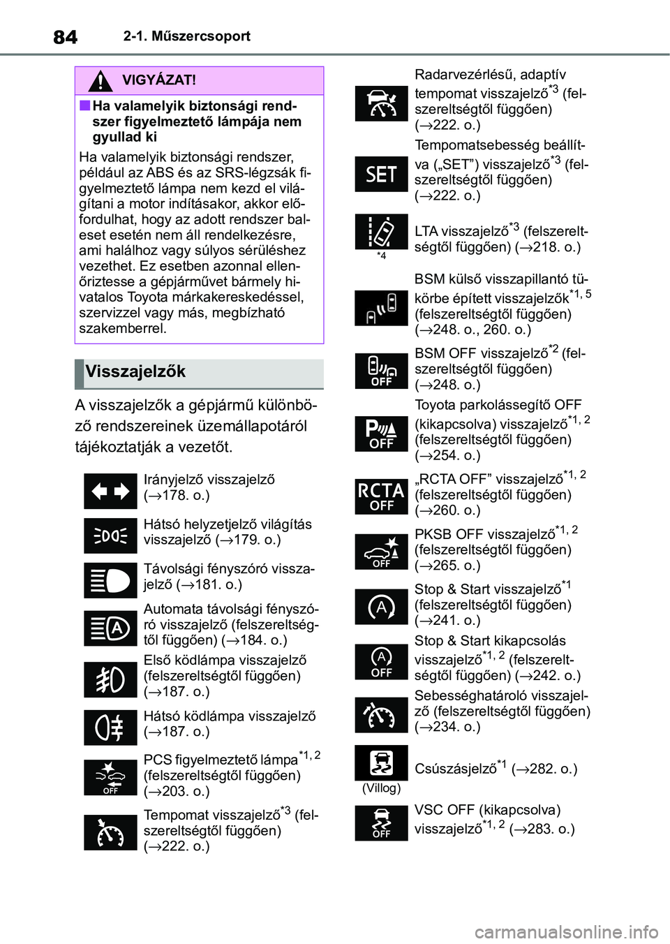 TOYOTA YARIS HATCHBACK 2020 Kezelési útmutató (in Hungarian) 842-1. Műszercsoport
A visszajelzők a gépjármű különbö-
ző rendszereinek üzemállapotáról
tájékoztatják a vezetőt.
VIGYÁZAT!
nHa valamelyik biztonsági rend-
szer figyelmeztető lám TOYOTA YARIS HATCHBACK 2020 Kezelési útmutató (in Hungarian) 842-1. Műszercsoport
A visszajelzők a gépjármű különbö-
ző rendszereinek üzemállapotáról
tájékoztatják a vezetőt.
VIGYÁZAT!
nHa valamelyik biztonsági rend-
szer figyelmeztető lám