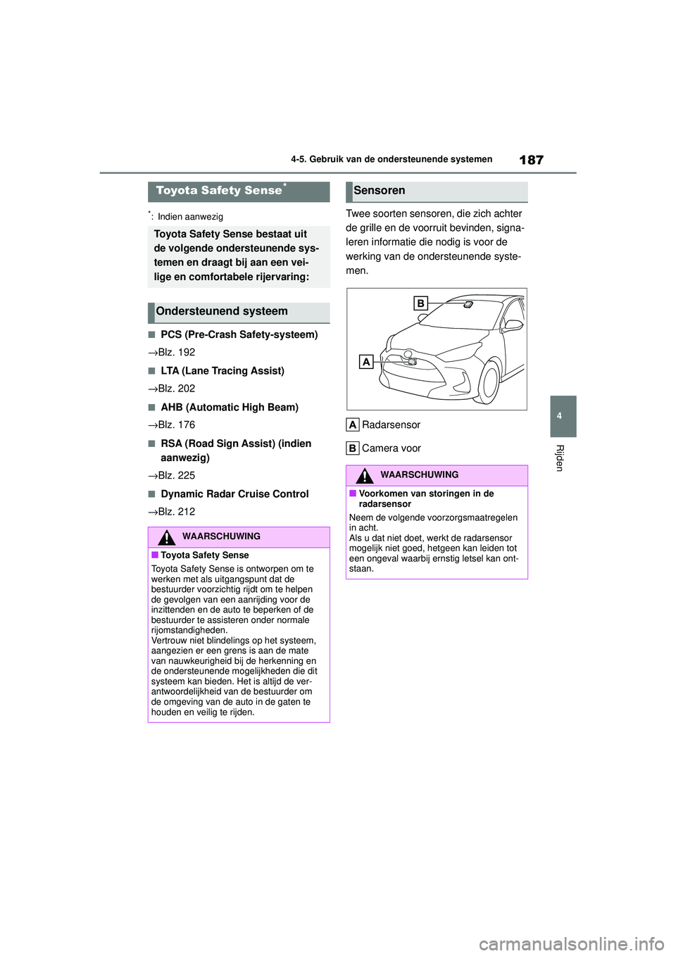 TOYOTA YARIS HATCHBACK 2020 Instructieboekje (in Dutch) 187
4
YARIS(HB) handleiding_Europa_MK0001_nl
4-5. Gebruik van de ondersteunende systemen
Rijden
4-5.Gebruik van de ondersteunende systemen
*: Indien aanwezig
■PCS (Pre-Crash Safety-systeem)
→Blz. TOYOTA YARIS HATCHBACK 2020 Instructieboekje (in Dutch) 187
4
YARIS(HB) handleiding_Europa_MK0001_nl
4-5. Gebruik van de ondersteunende systemen
Rijden
4-5.Gebruik van de ondersteunende systemen
*: Indien aanwezig
■PCS (Pre-Crash Safety-systeem)
→Blz.