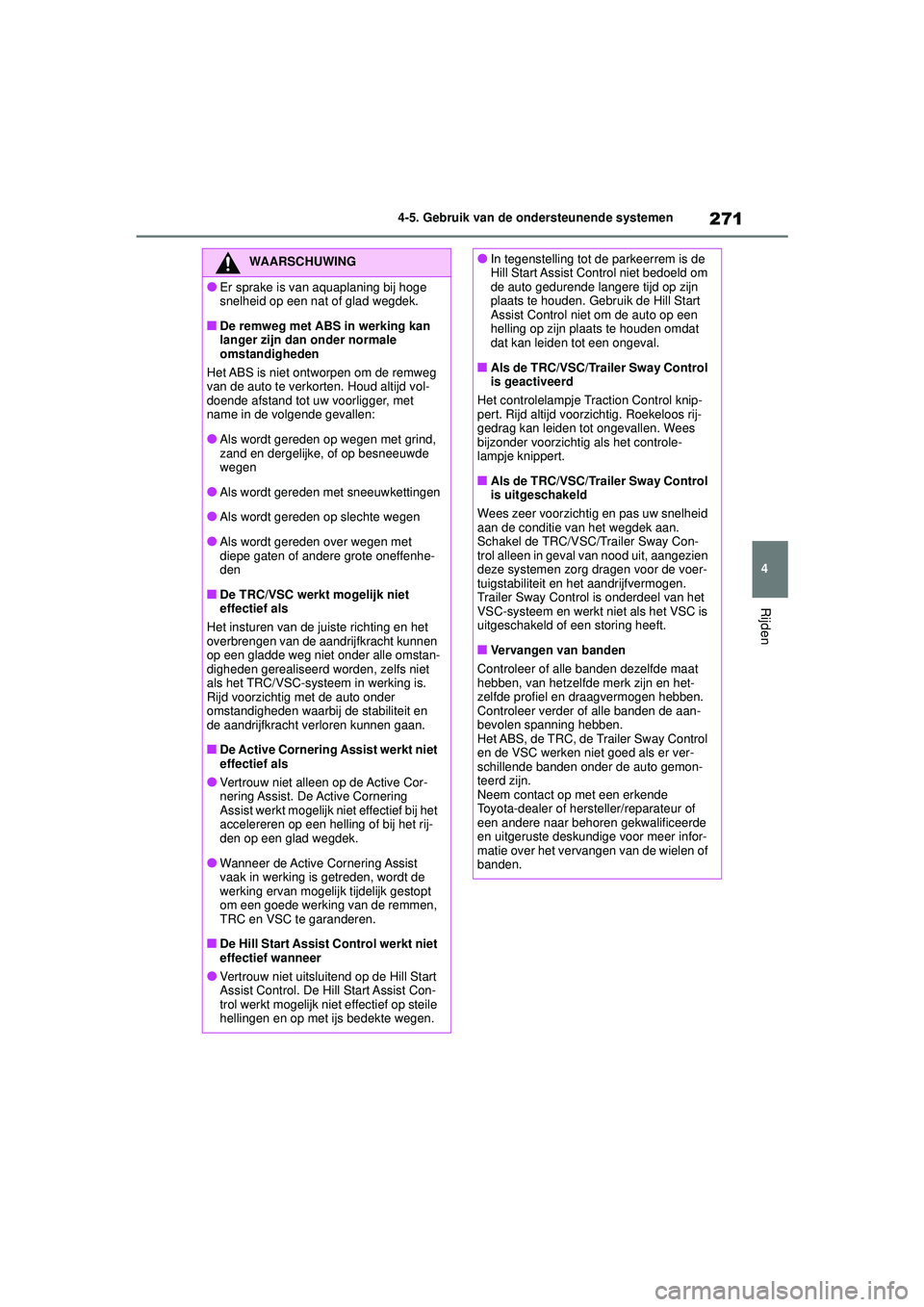 TOYOTA YARIS HATCHBACK 2020 Instructieboekje (in Dutch) 271
4
YARIS(HB) handleiding_Europa_MK0001_nl
4-5. Gebruik van de ondersteunende systemen
Rijden
WAARSCHUWING
●Er sprake is van aquaplaning bij hoge
snelheid op een nat of glad wegdek.
■De remweg TOYOTA YARIS HATCHBACK 2020 Instructieboekje (in Dutch) 271
4
YARIS(HB) handleiding_Europa_MK0001_nl
4-5. Gebruik van de ondersteunende systemen
Rijden
WAARSCHUWING
●Er sprake is van aquaplaning bij hoge
snelheid op een nat of glad wegdek.
■De remweg