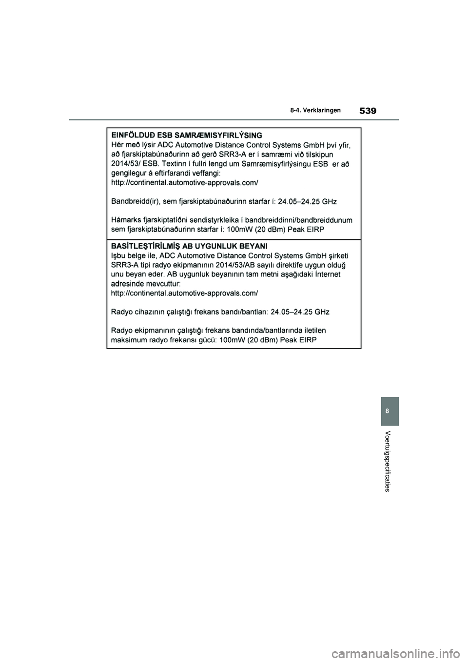 TOYOTA YARIS HATCHBACK 2020  Instructieboekje (in Dutch) 539
8
YARIS(HB) handleiding_Europa_MK0001_nl
8-4. Verklaringen
Voertuigspecificaties
YARIS(HB)_OM_Europe_OMK0001E.book  Page 539  Thursday, March 12, 2020  9:10 AM 