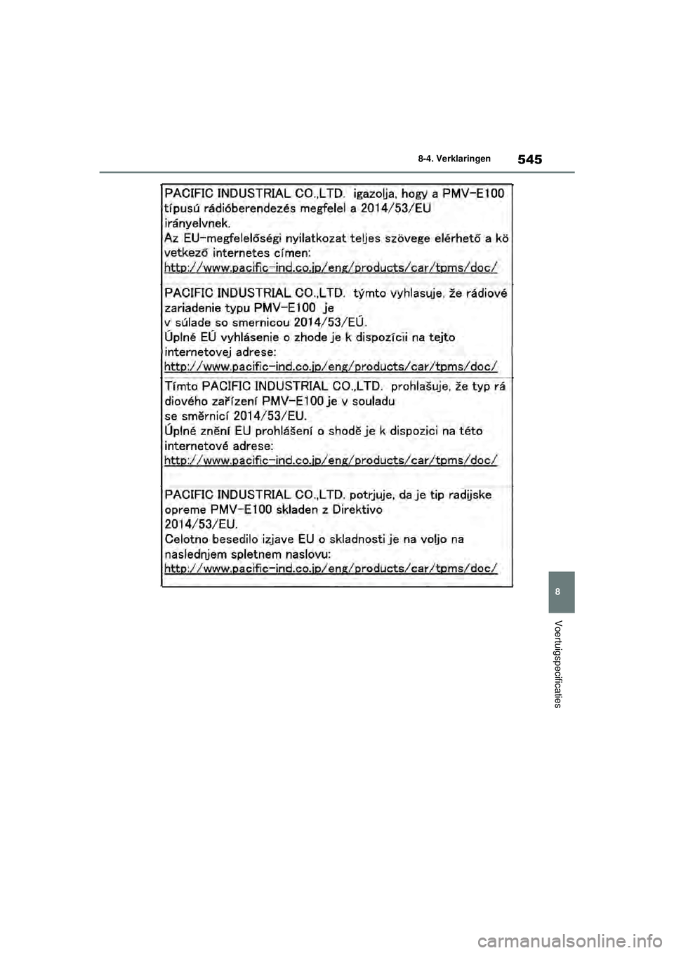 TOYOTA YARIS HATCHBACK 2020  Instructieboekje (in Dutch) 545
8
YARIS(HB) handleiding_Europa_MK0001_nl
8-4. Verklaringen
Voertuigspecificaties
YARIS(HB)_OM_Europe_OMK0001E.book  Page 545  Thursday, March 12, 2020  9:10 AM 
