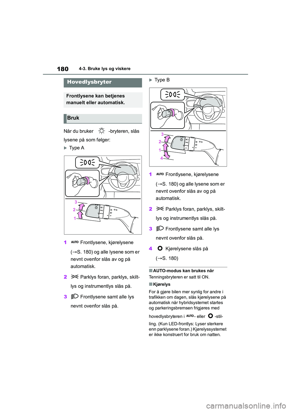 TOYOTA YARIS HATCHBACK 2020 Instruksjoner for bruk (in Norwegian) 180
YARIS HV OMK0010NO
4-3. Bruke lys og viskere
4-3.Bruke lys og viskere
Når du bruker -bryteren, slås
lysene på som følger:
Type A
1 Frontlysene, kjørelysene
( S. 180) og alle lysene TOYOTA YARIS HATCHBACK 2020 Instruksjoner for bruk (in Norwegian) 180
YARIS HV OMK0010NO
4-3. Bruke lys og viskere
4-3.Bruke lys og viskere
Når du bruker -bryteren, slås
lysene på som følger:
Type A
1 Frontlysene, kjørelysene
( S. 180) og alle lysene