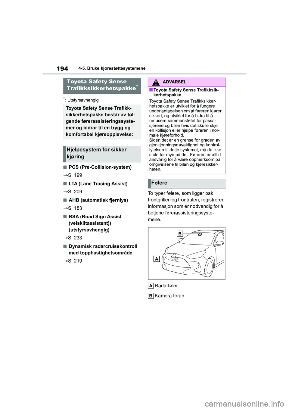 TOYOTA YARIS HATCHBACK 2020 Instruksjoner for bruk (in Norwegian) 194
YARIS HV OMK0010NO
4-5. Bruke kjørestøttesystemene
4-5.Bruke kjørestøttesystemene
*: Utstyrsavhengig
nPCS (Pre-Collision-system)
S. 199
nLTA (Lane Tracing Assist)
S. 209
nAHB (automati TOYOTA YARIS HATCHBACK 2020 Instruksjoner for bruk (in Norwegian) 194
YARIS HV OMK0010NO
4-5. Bruke kjørestøttesystemene
4-5.Bruke kjørestøttesystemene
*: Utstyrsavhengig
nPCS (Pre-Collision-system)
S. 199
nLTA (Lane Tracing Assist)
S. 209
nAHB (automati