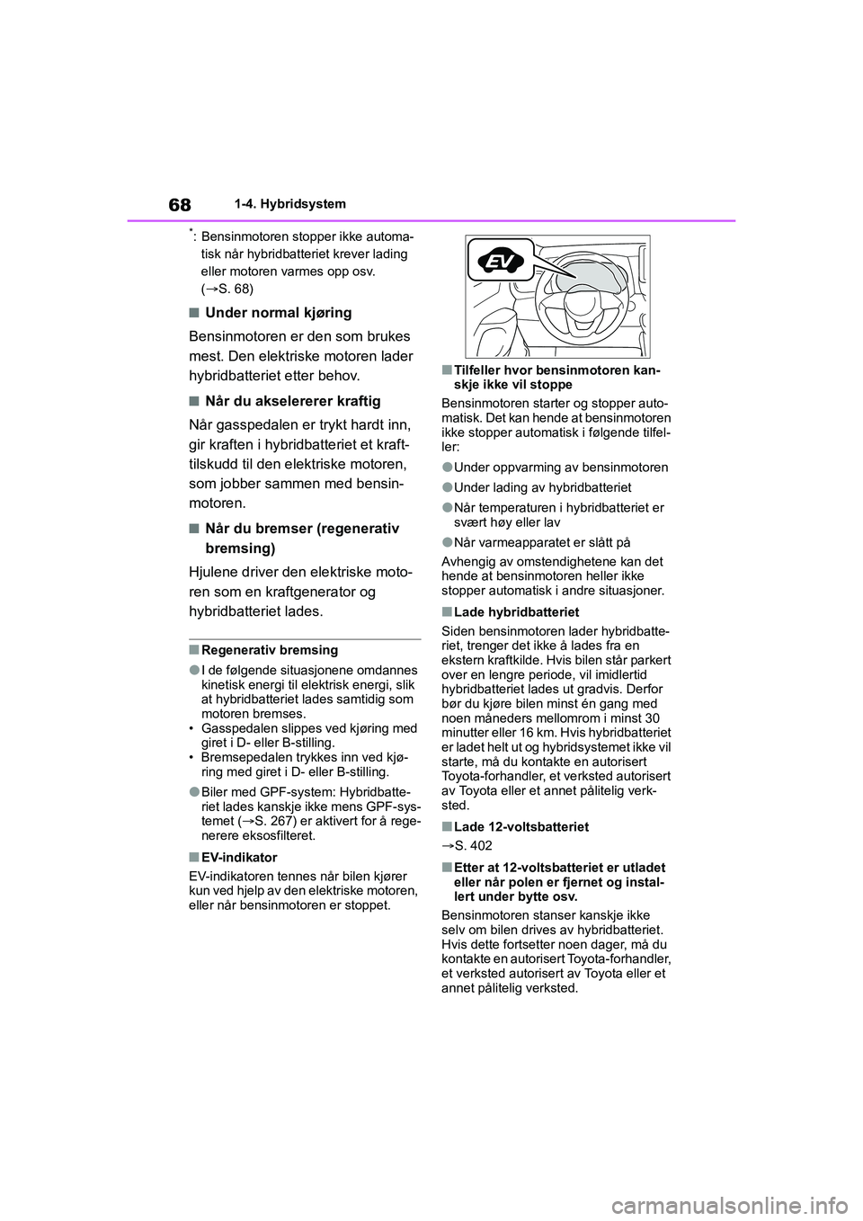 TOYOTA YARIS HATCHBACK 2020 Instruksjoner for bruk (in Norwegian) 68
YARIS HV OMK0010NO
1-4. Hybridsystem
*: Bensinmotoren stopper ikke automa-tisk når hybridbatteriet krever lading
eller motoren varmes opp osv.
(S. 68)
nUnder normal kjøring
Bensinmotoren er TOYOTA YARIS HATCHBACK 2020 Instruksjoner for bruk (in Norwegian) 68
YARIS HV OMK0010NO
1-4. Hybridsystem
*: Bensinmotoren stopper ikke automa-tisk når hybridbatteriet krever lading
eller motoren varmes opp osv.
(S. 68)
nUnder normal kjøring
Bensinmotoren er