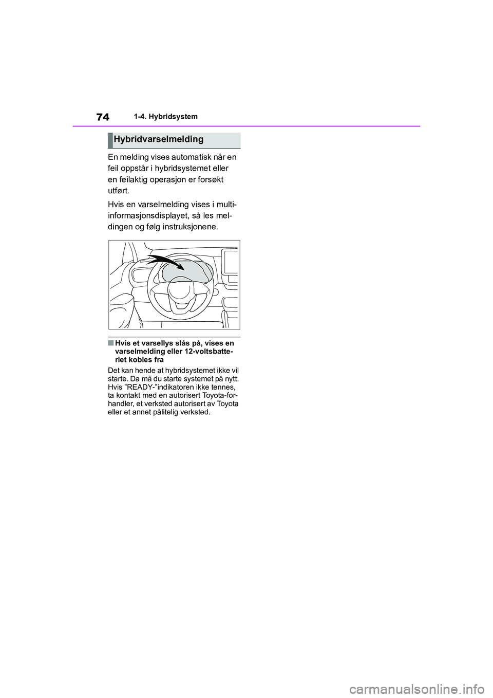 TOYOTA YARIS HATCHBACK 2020 Instruksjoner for bruk (in Norwegian) 74
YARIS HV OMK0010NO
1-4. Hybridsystem
En melding vises automatisk når en
feil oppstår i hybridsystemet eller
en feilaktig operasjon er forsøkt
utført.
Hvis en varselmelding vises i multi-
inf TOYOTA YARIS HATCHBACK 2020 Instruksjoner for bruk (in Norwegian) 74
YARIS HV OMK0010NO
1-4. Hybridsystem
En melding vises automatisk når en
feil oppstår i hybridsystemet eller
en feilaktig operasjon er forsøkt
utført.
Hvis en varselmelding vises i multi-
inf