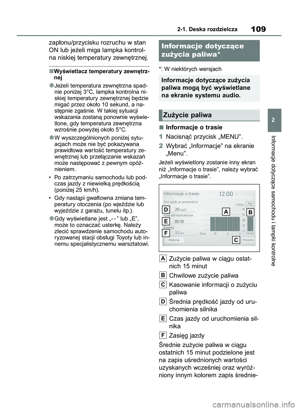 TOYOTA YARIS HATCHBACK 2020  Instrukcja obsługi (in Polish) zap∏onu/przycisku rozruchu w stan
ON lub je˝eli miga lampka kontrol-
na niskiej temperatury zewn´trznej.
WyÊwietlacz temperatury zewn´trz-
nej
Je˝eli temperatura zewn´trzna spad-
nie poni˝ej 