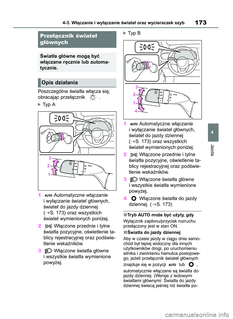 TOYOTA YARIS HATCHBACK 2020  Instrukcja obsługi (in Polish) Poszczególne Êwiat∏a w∏àcza si´,
obracajàc prze∏àcznik  .
óTyp A
1Automatyczne w∏àczanie
i wy∏àczanie Êwiate∏ g∏ównych,
Êwiate∏ do jazdy dziennej 
(
S. 173) oraz wszystkic