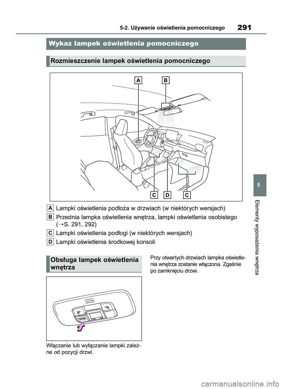 TOYOTA YARIS HATCHBACK 2020  Instrukcja obsługi (in Polish) W∏àczanie lub wy∏àczanie lampki zale˝-
ne od pozycji drzwi.Przy otwar tych drzwiach lampka oÊwietle-
nia wn´trza zostanie w∏àczona. ZgaÊnie
po zamkni´ciu drzwi.
Elementy wyposa˝enia wn
