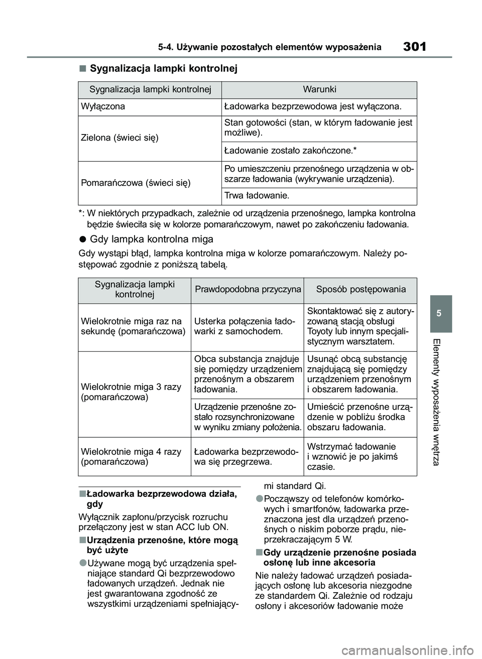 TOYOTA YARIS HATCHBACK 2020  Instrukcja obsługi (in Polish) ¸adowarka bezprzewodowa dzia∏a,
gdy
Wy∏àcznik zap∏onu/przycisk rozruchu
prze∏àczony jest w stan ACC lub ON.
Urzàdzenia przenoÊne, które mogà
byç u˝yte
U˝ywane mogà byç urzàdzenia 