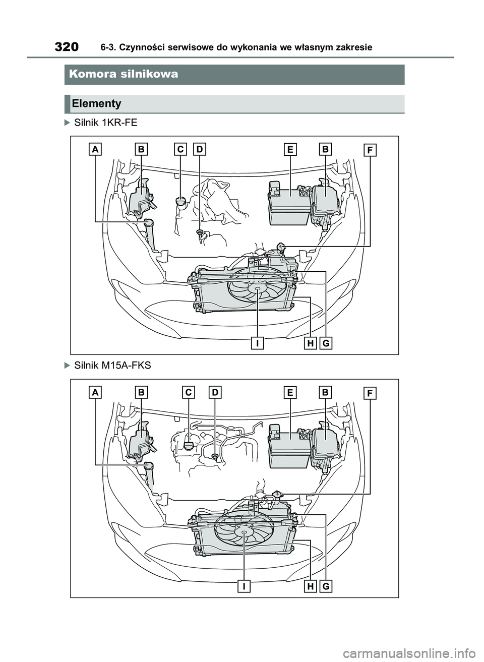 TOYOTA YARIS HATCHBACK 2020  Instrukcja obsługi (in Polish) óSilnik 1KR-FE
óSilnik M15A-FKS
3206-3. CzynnoÊci serwisowe do wykonania we w∏asnym zakresie
Komora silnikowa
Elementy
31 YARIS OMK0001E v2  9/6/20  10:08  Page 320 