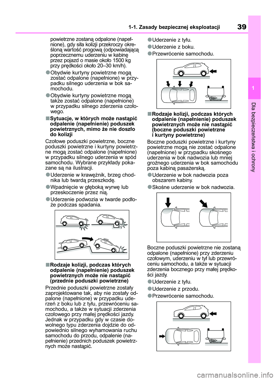 TOYOTA YARIS HATCHBACK 2020  Instrukcja obsługi (in Polish) powietrzne zostanà odpalone (nape∏-
nione), gdy si∏a kolizji przekroczy okre-
Êlonà war toÊç progowà (odpowiadajàcà
poprzecznemu uderzeniu w kabin´
przez pojazd o masie oko∏o 1500 kg
pr