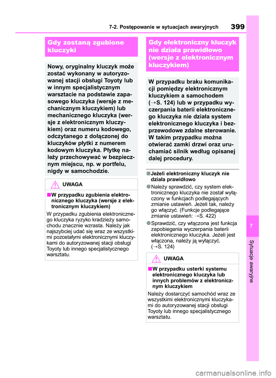 TOYOTA YARIS HATCHBACK 2020  Instrukcja obsługi (in Polish) Je˝eli elektroniczny kluczyk nie
dzia∏a prawid∏owo
Nale˝y sprawdziç, czy system elek-
tronicznego kluczyka nie zosta∏ wy∏à-
czony w funkcjach podlegajàcych
zmianie ustawieƒ. Je˝eli tak,