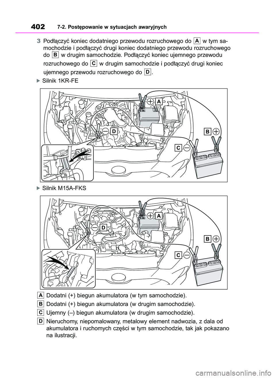 TOYOTA YARIS HATCHBACK 2020  Instrukcja obsługi (in Polish) 3Pod∏àczyç koniec dodatniego przewodu rozruchowego do  w tym sa-
mochodzie i pod∏àczyç drugi koniec dodatniego przewodu rozruchowego
do  w drugim samochodzie. Pod∏àczyç koniec ujemnego prz