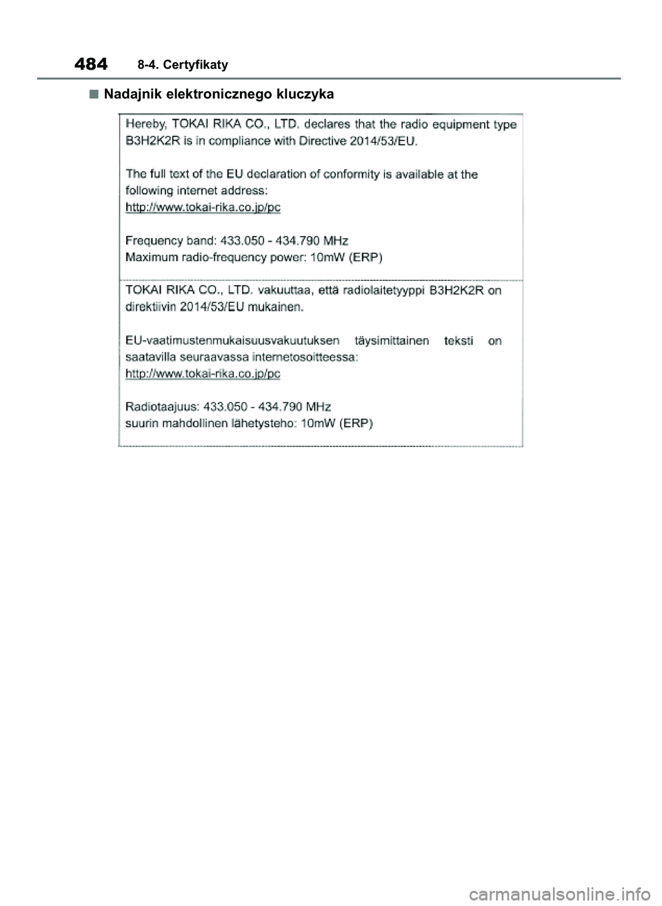 TOYOTA YARIS HATCHBACK 2020 Instrukcja obsługi (in Polish) Nadajnik elektronicznego kluczyka
4848-4. Certyfikaty
31 YARIS OMK0001E v2 9/6/20 10:09 Page 484 TOYOTA YARIS HATCHBACK 2020 Instrukcja obsługi (in Polish) Nadajnik elektronicznego kluczyka
4848-4. Certyfikaty
31 YARIS OMK0001E v2 9/6/20 10:09 Page 484