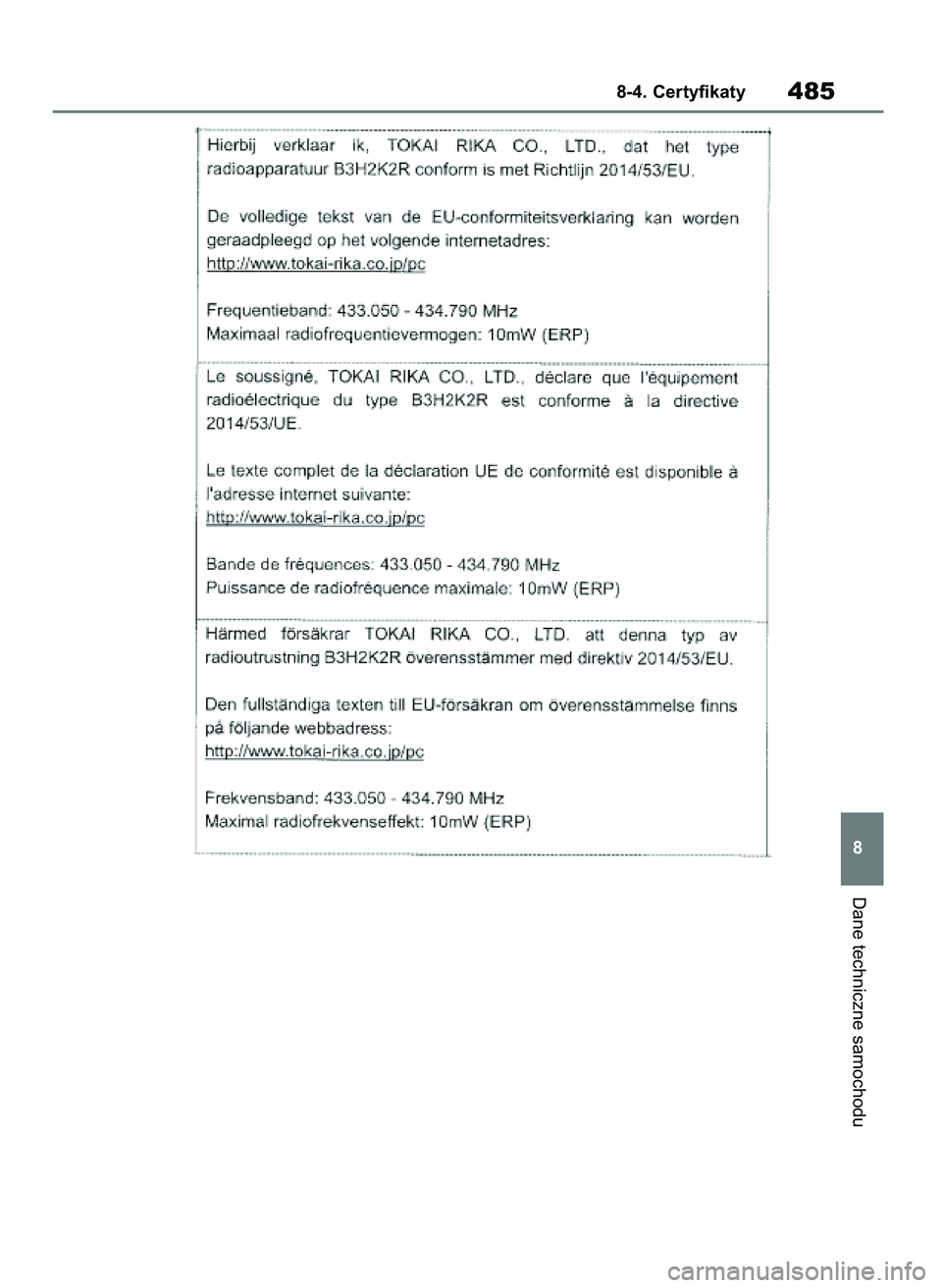 TOYOTA YARIS HATCHBACK 2020 Instrukcja obsługi (in Polish) Dane techniczne samochodu
8-4. Certyfikaty485
8
31 YARIS OMK0001E v2 9/6/20 10:09 Page 485 TOYOTA YARIS HATCHBACK 2020 Instrukcja obsługi (in Polish) Dane techniczne samochodu
8-4. Certyfikaty485
8
31 YARIS OMK0001E v2 9/6/20 10:09 Page 485