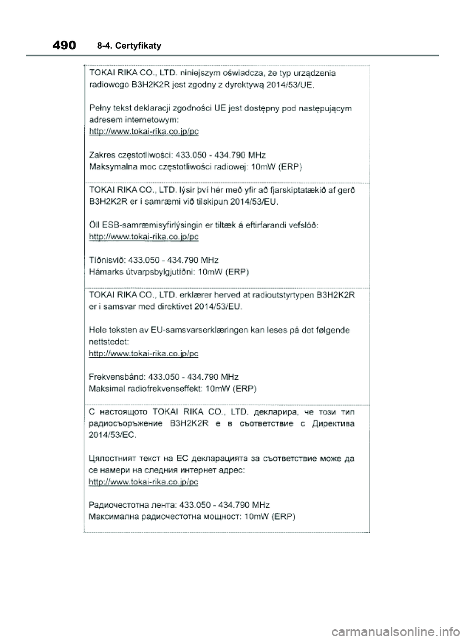 TOYOTA YARIS HATCHBACK 2020 Instrukcja obsługi (in Polish) 4908-4. Certyfikaty
31 YARIS OMK0001E v2 9/6/20 10:09 Page 490 TOYOTA YARIS HATCHBACK 2020 Instrukcja obsługi (in Polish) 4908-4. Certyfikaty
31 YARIS OMK0001E v2 9/6/20 10:09 Page 490
