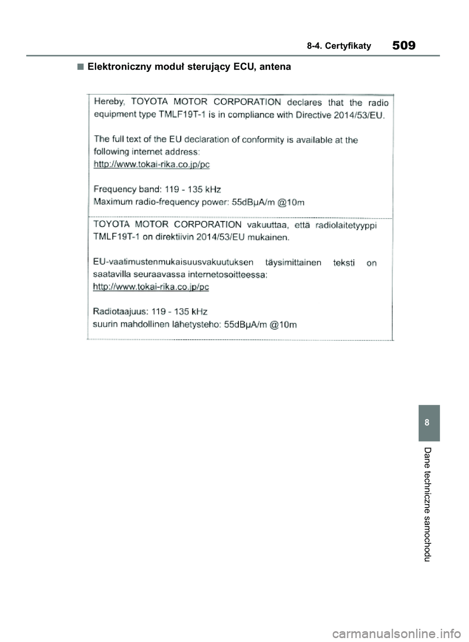 TOYOTA YARIS HATCHBACK 2020  Instrukcja obsługi (in Polish) Elektroniczny modu∏ sterujàcy ECU, antena
Dane techniczne samochodu
8-4. Certyfikaty509
8
31 YARIS OMK0001E v2  9/6/20  10:09  Page 509 