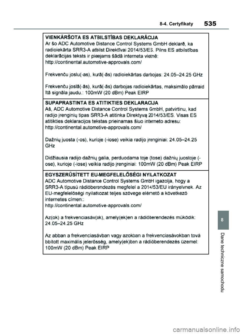 TOYOTA YARIS HATCHBACK 2020 Instrukcja obsługi (in Polish) Dane techniczne samochodu
8-4. Certyfikaty535
8
31 YARIS OMK0001E v2 9/6/20 10:10 Page 535 TOYOTA YARIS HATCHBACK 2020 Instrukcja obsługi (in Polish) Dane techniczne samochodu
8-4. Certyfikaty535
8
31 YARIS OMK0001E v2 9/6/20 10:10 Page 535