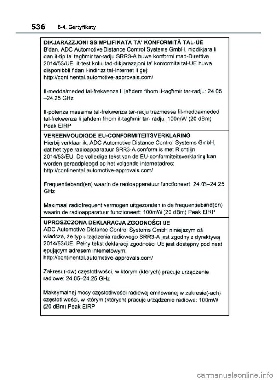TOYOTA YARIS HATCHBACK 2020 Instrukcja obsługi (in Polish) 5368-4. Certyfikaty
31 YARIS OMK0001E v2 9/6/20 10:10 Page 536 TOYOTA YARIS HATCHBACK 2020 Instrukcja obsługi (in Polish) 5368-4. Certyfikaty
31 YARIS OMK0001E v2 9/6/20 10:10 Page 536