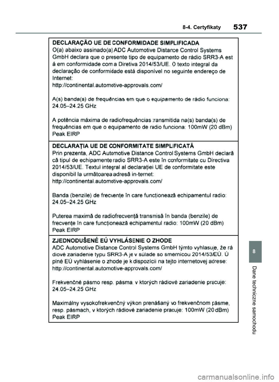 TOYOTA YARIS HATCHBACK 2020 Instrukcja obsługi (in Polish) Dane techniczne samochodu
8-4. Certyfikaty537
8
31 YARIS OMK0001E v2 9/6/20 10:10 Page 537 TOYOTA YARIS HATCHBACK 2020 Instrukcja obsługi (in Polish) Dane techniczne samochodu
8-4. Certyfikaty537
8
31 YARIS OMK0001E v2 9/6/20 10:10 Page 537