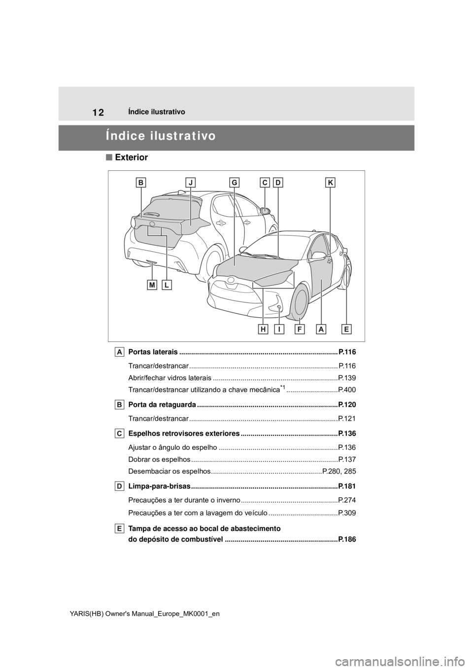 TOYOTA YARIS HATCHBACK 2020 Manual de utilização (in Portuguese) 12
YARIS(HB) Owners Manual_Europe_MK0001_en
Índice ilustrativo
Índice ilustrativo
Exterior
Portas laterais ................................................................................ P.116 TOYOTA YARIS HATCHBACK 2020 Manual de utilização (in Portuguese) 12
YARIS(HB) Owners Manual_Europe_MK0001_en
Índice ilustrativo
Índice ilustrativo
Exterior
Portas laterais ................................................................................ P.116