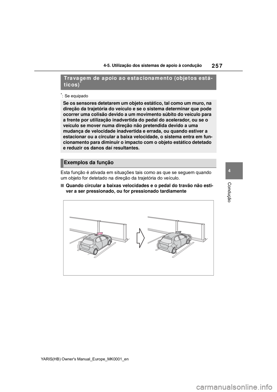 TOYOTA YARIS HATCHBACK 2020 Manual de utilização (in Portuguese) 257
4
YARIS(HB) Owners Manual_Europe_MK0001_en
4-5. Utilização dos sistemas de apoio à condução
Condução
*: Se equipado
Esta função é ativada em situações tais como as que se seguem quand TOYOTA YARIS HATCHBACK 2020 Manual de utilização (in Portuguese) 257
4
YARIS(HB) Owners Manual_Europe_MK0001_en
4-5. Utilização dos sistemas de apoio à condução
Condução
*: Se equipado
Esta função é ativada em situações tais como as que se seguem quand