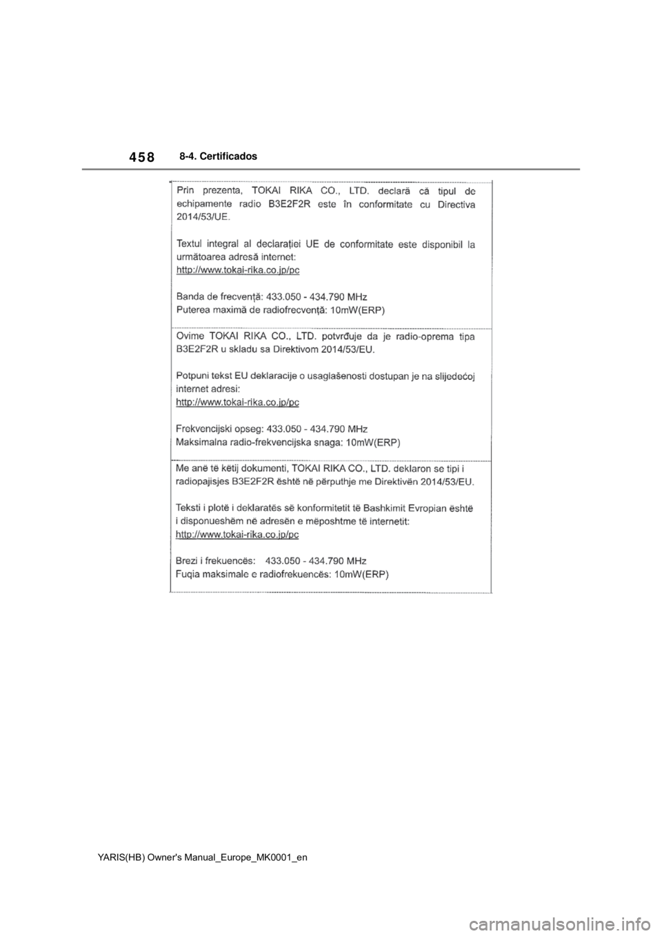TOYOTA YARIS HATCHBACK 2020 Manual de utilização (in Portuguese) 458
YARIS(HB) Owners Manual_Europe_MK0001_en
8-4. Certificados TOYOTA YARIS HATCHBACK 2020 Manual de utilização (in Portuguese) 458
YARIS(HB) Owners Manual_Europe_MK0001_en
8-4. Certificados