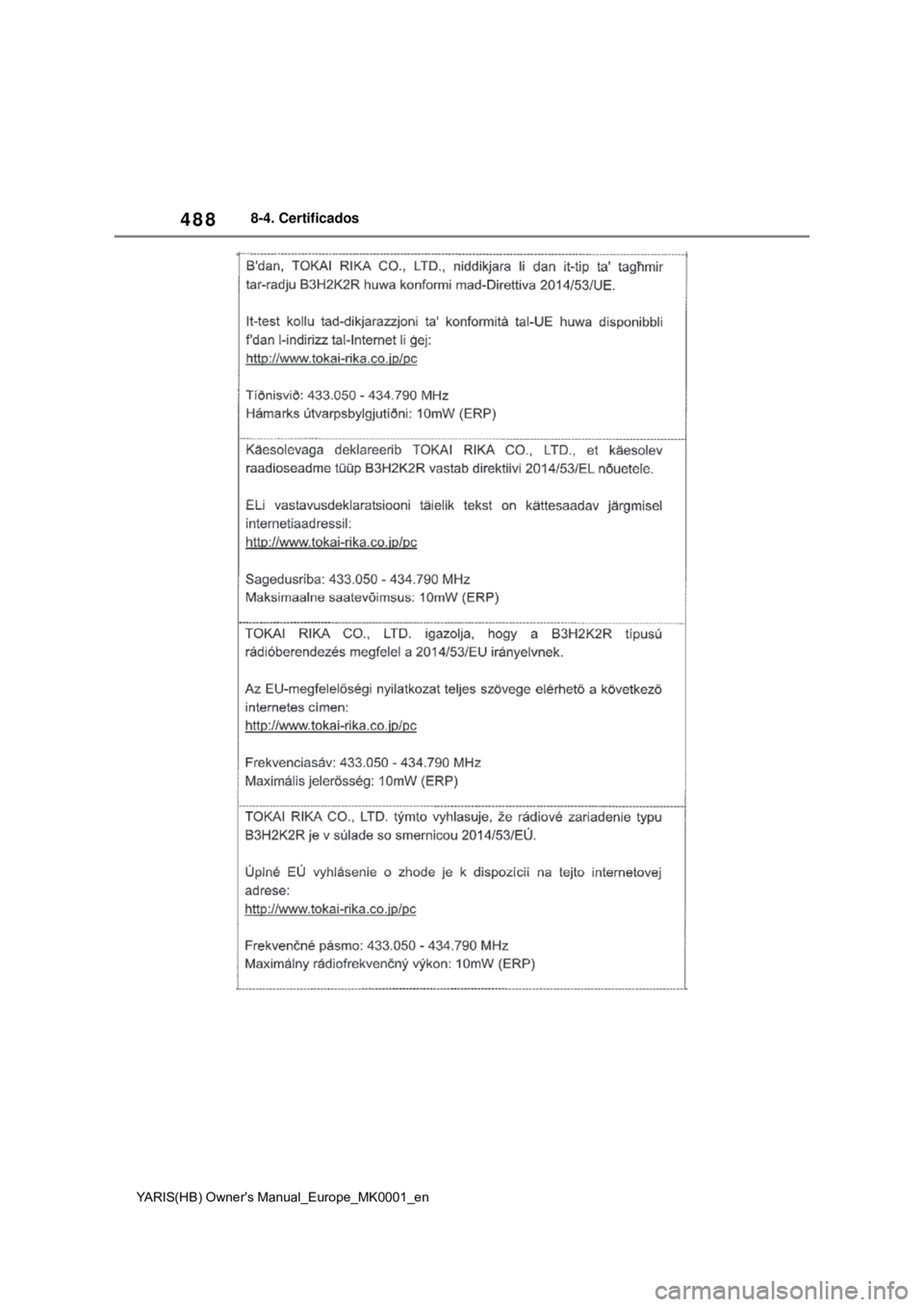 TOYOTA YARIS HATCHBACK 2020 Manual de utilização (in Portuguese) 488
YARIS(HB) Owners Manual_Europe_MK0001_en
8-4. Certificados TOYOTA YARIS HATCHBACK 2020 Manual de utilização (in Portuguese) 488
YARIS(HB) Owners Manual_Europe_MK0001_en
8-4. Certificados