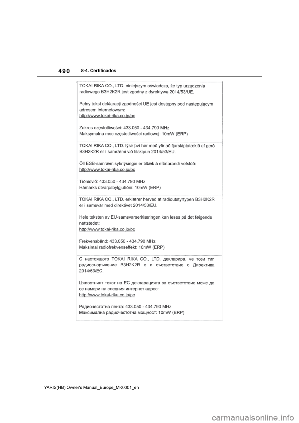 TOYOTA YARIS HATCHBACK 2020 Manual de utilização (in Portuguese) 490
YARIS(HB) Owners Manual_Europe_MK0001_en
8-4. Certificados TOYOTA YARIS HATCHBACK 2020 Manual de utilização (in Portuguese) 490
YARIS(HB) Owners Manual_Europe_MK0001_en
8-4. Certificados