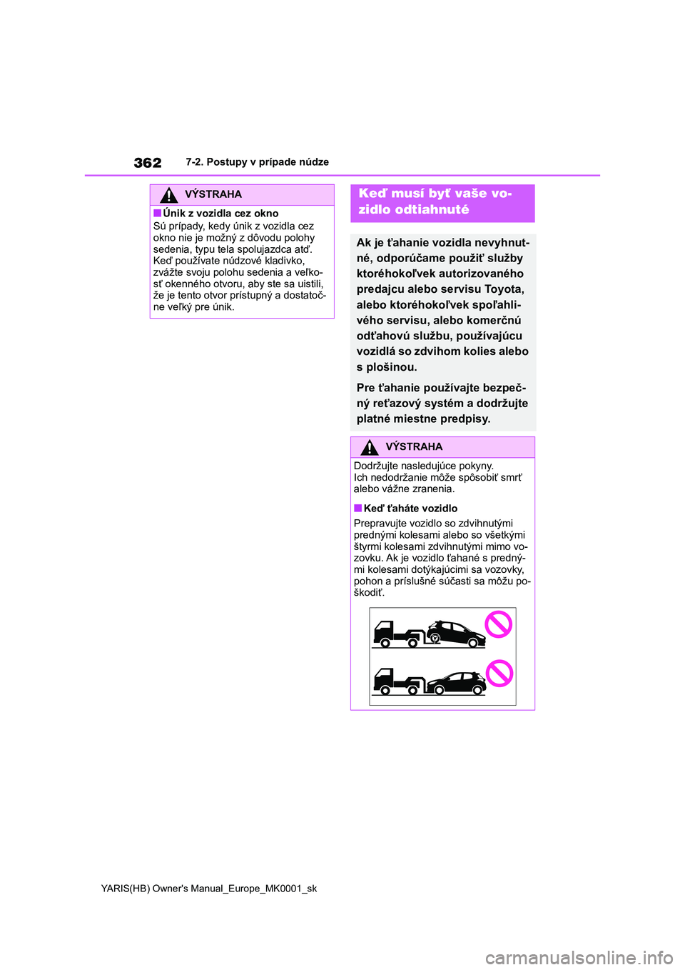 TOYOTA YARIS HATCHBACK 2020 Návod na použitie (in Slovakian) 362
YARIS(HB) Owner's Manual_Europe_MK0001_sk
7-2. Postupy v prípade núdze
7-2.Postupy v prípade núdze
VÝSTRAHA
■Únik z vozidla cez okno
Sú prípady, kedy ú nik z vozidla cez okno nie TOYOTA YARIS HATCHBACK 2020 Návod na použitie (in Slovakian) 362
YARIS(HB) Owner's Manual_Europe_MK0001_sk
7-2. Postupy v prípade núdze
7-2.Postupy v prípade núdze
VÝSTRAHA
■Únik z vozidla cez okno
Sú prípady, kedy ú nik z vozidla cez okno nie