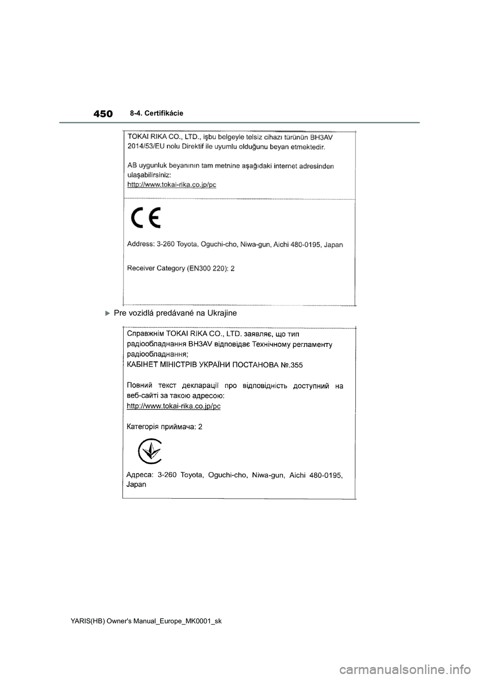 TOYOTA YARIS HATCHBACK 2020  Návod na použitie (in Slovakian) 450
YARIS(HB) Owner's Manual_Europe_MK0001_sk
8-4. Certifikácie
Pre vozidlá predávané na Ukrajine 