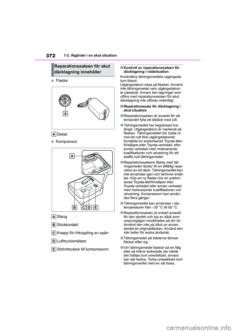 TOYOTA YARIS HATCHBACK 2020  Bruksanvisningar (in Swedish) 372
YARIS F OMK0001SE
7-2. Åtgärder i en akut situation
FlaskaDekal
Kompressor
Slang
Stickkontakt
Knapp för frikoppling av spärr
Lufttrycksmätare
Strömbrytare till kompressorn
nKontroll av