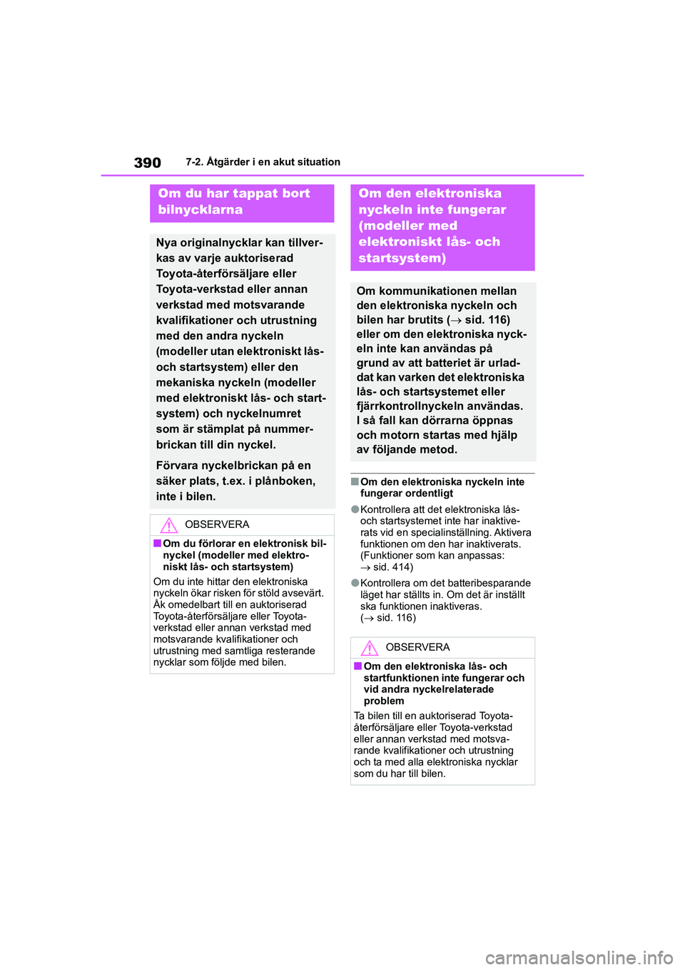 TOYOTA YARIS HATCHBACK 2020  Bruksanvisningar (in Swedish) 390
YARIS F OMK0001SE
7-2. Åtgärder i en akut situation
nOm den elektroniska nyckeln inte 
fungerar ordentligt
lKontrollera att det elektroniska lås- 
och startsystemet inte har inaktive-
rats vid 